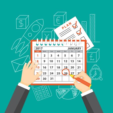 Flat  modern design concept of business strategy, planning meeting. Page of calendar january 2017,  plan  and hands with pencil on the background with hand drawn business symbols. EPS 10.のイラスト素材