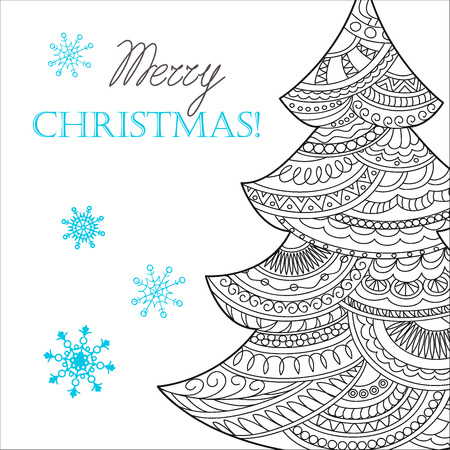 Festive card with Christmas tree decorated hand drawn doodle tangled shapes and snowflake, isolated on the white and text Merry Christmas. Image can be used for adult coloring books.のイラスト素材