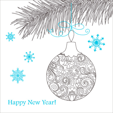Festive card with Christmas ball, decorated hand drawn doodle tangled flowers and snowflake, isolated on the white and text Happy New Year. Image can be used for adult coloring books.のイラスト素材