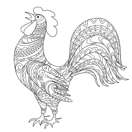 Isolated hand drawn decorated rooster, symbol 2017 of year red rooster of Chinese calendar. Zen tangled rooster can be used for adult coloring book.のイラスト素材