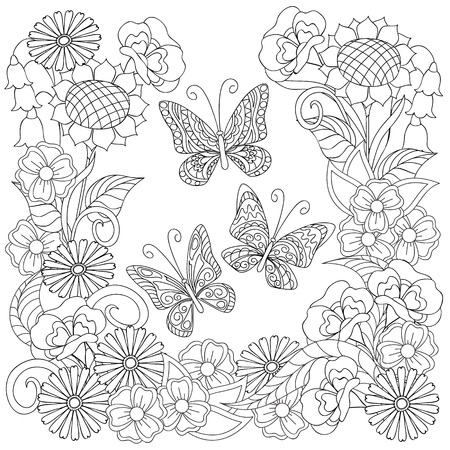 Hand drawn decorated three butterflies and flowers in ethnic style isolated on white. Image for adult and children antistress coloring book, decorate dishes, cups, porcelains, t-shirts, dresses, bags, tunics.のイラスト素材
