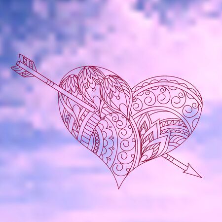 Hand drawn decorated heart with arrow on the blue sky  background. Art print for decorate wall, clock, porcelain, dishes, plate, disk, tunics, t-shirt. Vector illustration - eps 10.のイラスト素材