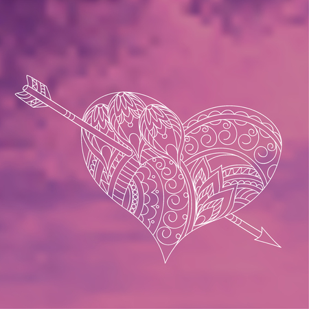 Hand drawn decorated heart with arrow on the violet sky  background. Art print for decorate wall, clock, porcelain, dishes, plate, disk, tunics, t-shirt. Vector illustration - eps 10.のイラスト素材