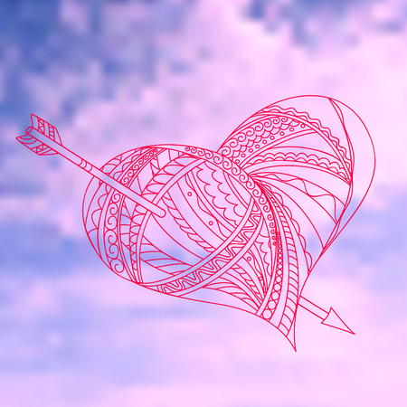 Hand drawn decorated heart with arrow on the blue sky  background. Art print for decorate wall, clock, porcelain, dishes, plate, disk, tunics, t-shirt. Vector illustration - eps 10.のイラスト素材