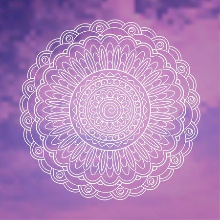 Hand drawn decorated mandala on the violet vintage background in retro style. Art print for decorate wall, clock, porcelain, dishes, plate, disk. Vector illustration - eps 10.のイラスト素材