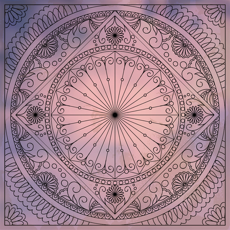 Hand drawn decorated mandala on the vintage background in retro style. Art print for decorate wall, clock, porcelain, dishes, plate, disk. Vector illustration - eps 10.のイラスト素材