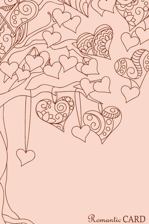 Romantic card for Valentine`s Day, save the date, invitation, wedding  with hand drawn ornamental hearts on the tree.のイラスト素材