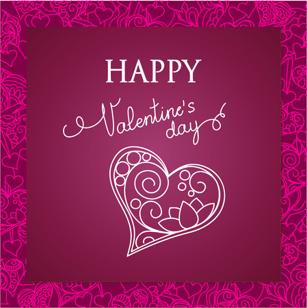 Festive greeting Valentine`s Day card  with text Happy Valentine`s Day and ornamental heart on the violet background with ornamental hearts.のイラスト素材
