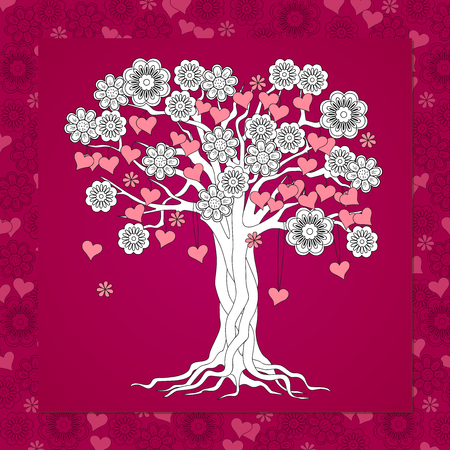 Romantic card for Valentine`s Day, save the date, invitation, wedding  with hand drawn flowers and hearts on the tree on the vinous background.のイラスト素材