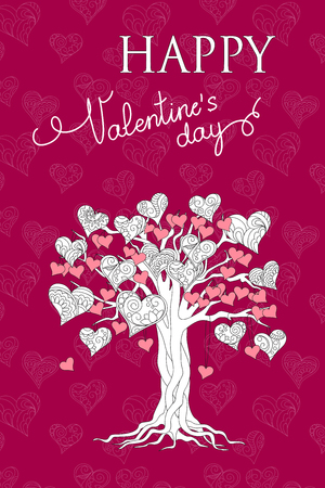 Festive greeting Valentine`s Day card  with text Happy Valentine`s Day and  tree with hand drawn ornamental decorated hearts on the violet background.のイラスト素材