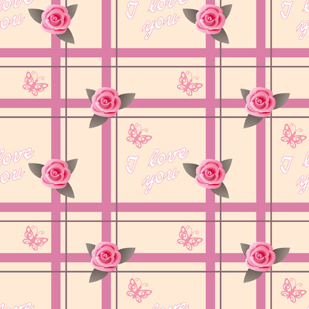 Seamless romantic pattern with roses and text I love you for decorate and packing presents of Valentine Day, wedding, romantic holidays.のイラスト素材