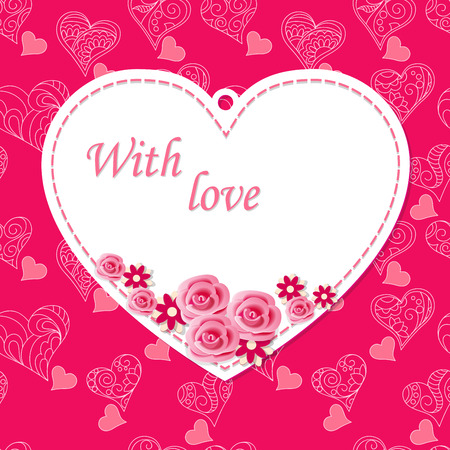 Scrapbooking heart with flowers, roses and text With love on the vintage background. Image for Valentine`s Day card.のイラスト素材