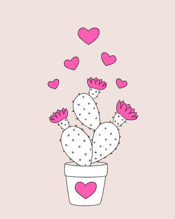 Valentine card with doodle cactus in the flower pot. Image for invitation, save date, wedding, romantic holiday,  print for decorate t-shirt, tunic, bag, dishes.のイラスト素材