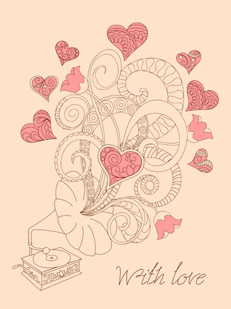 Festive romantic card with doodle drawing gramophone, zen tangle  shapes, hearts for Valentine Day, invitation romantic holidays, retro music, tea party. Calligraphy text With love. eps10のイラスト素材
