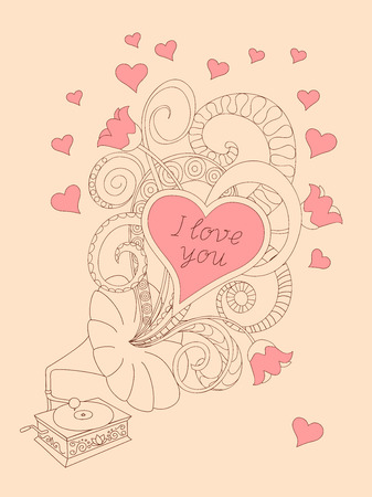 Festive romantic card with doodle drawing gramophone, zen tangle shapes, hearts, text I love you for Valentine Day, invitation romantic holidays, retro music, tea party. eps10のイラスト素材