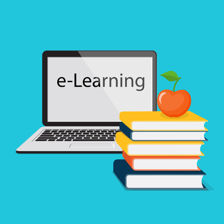 Modern design concept of the learning for website or banner of e-learning, training, business courses, online education, seminar, webinar with books, apple and laptop. eps 10のイラスト素材