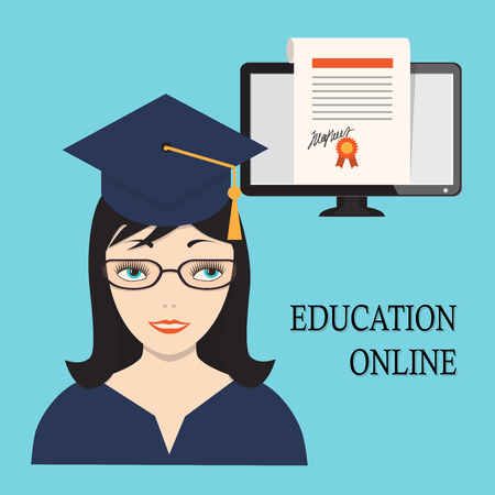 Flat modern design concept of the education online for website or banner of e-learning, training, business, management courses with girl, diploma, computer monitor. eps 10のイラスト素材