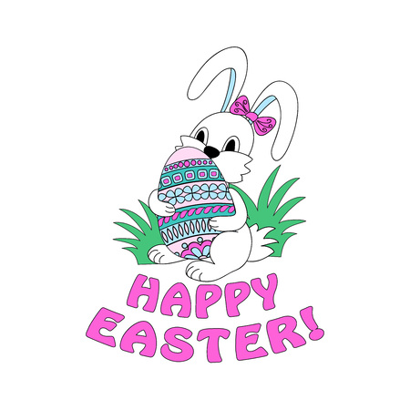 Isolated cartoon doodle rabbit with hearts and word Love  for greeting or invitation valentine card, sticker, decorate romantic holiday, party, wall of kids room, home, stationery. eps 10.のイラスト素材