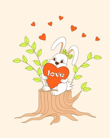 Cute cartoon rabbit with hearts and word Love sitting on the stump for greeting or invitation valentine card, decorate romantic holiday, party, wall of kids room, home. eps 10.のイラスト素材