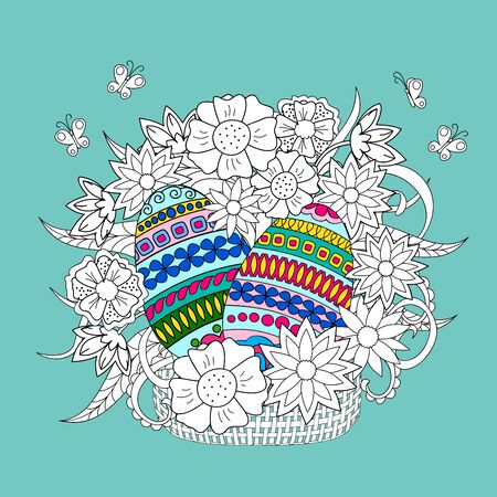 Hand drawn colorful ornamental eggs and doodle flowers in the basket. Print for easter greeting or invitation card, packing gift, decorate holiday party, home, wall, stationary eps 10.のイラスト素材