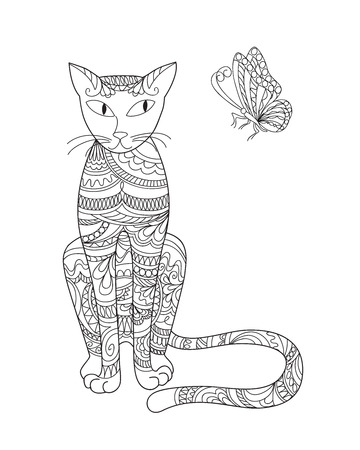 Hand drawn ornamental cat in zen style with butterfly for decorate stationary, dishes, porcelain, ceramics, adult coloring books. eps 10のイラスト素材
