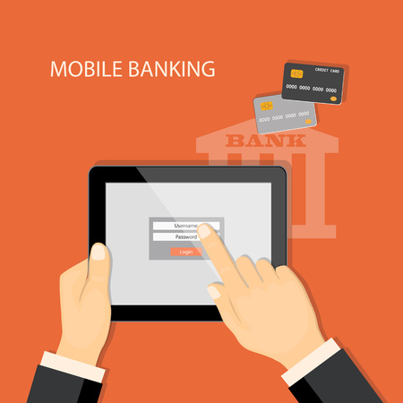 Flat modern vector illustration banking concept with tablet on the hand of businessman, credit cards and hand drawn currency icons. eps 10.のイラスト素材