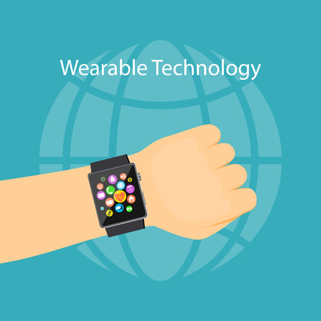 Flat modern vector illustration wearable technology concept with smart watch on the man hand. eps 10.のイラスト素材