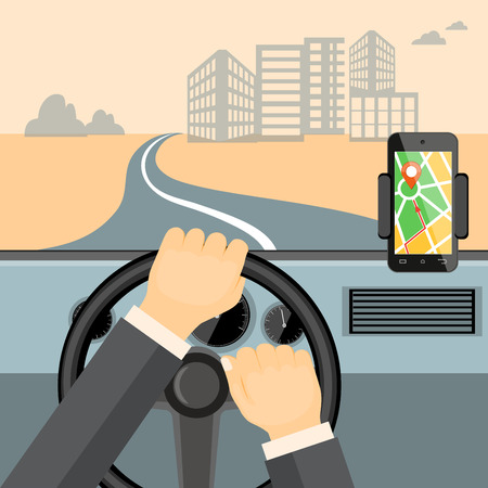 Flat modern vector illustration mobile gps app on the mobile phone with map,  pointer and driver hands on the steering wheel of the car. eps 10.のイラスト素材