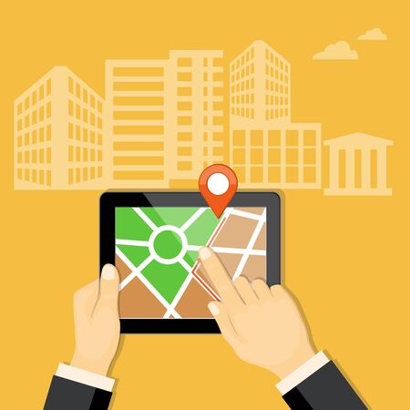 Flat modern vector illustration gps app on the mobile tablet in the hand of businessman with map and pointer. eps 10.のイラスト素材
