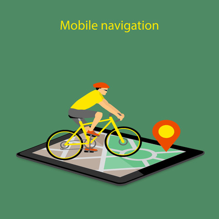 Flat modern vector illustration mobile gps app on tablet with map,  pointer and riding bike. eps 10.のイラスト素材