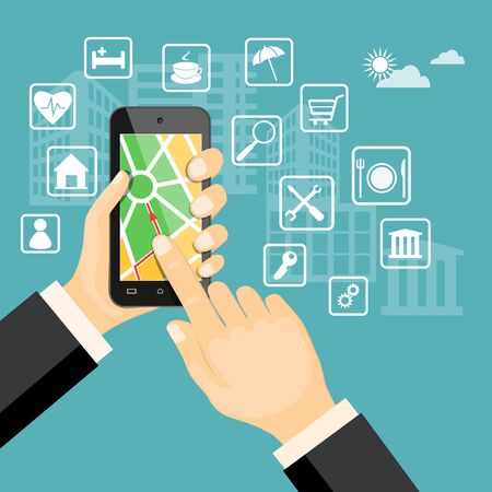 Flat modern vector illustration gps app  on the smartphone in the hand of man with map web icons. eps 10.のイラスト素材