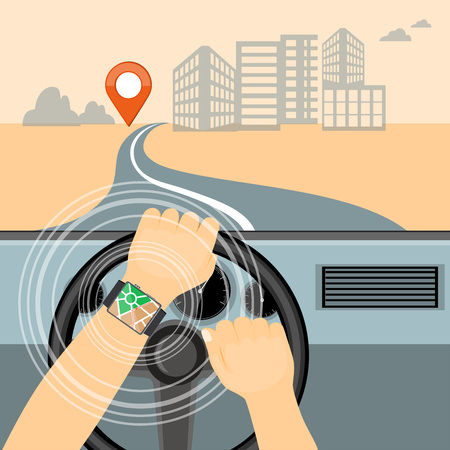 Flat modern vector illustration gps app on the smartwatch on the driver hands holding steering wheel of the car and urban background. eps 10.のイラスト素材