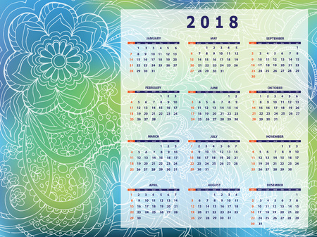 Business english calendar for wall on year 2018 on the gradient background with hand drawn tangle zen pattern. Week starts on Sunday. eps 10のイラスト素材
