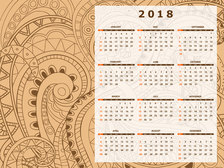 Business english calendar for wall on year 2018 on the gradient background with hand drawn tangle zen pattern. Week starts on Sunday. eps 10のイラスト素材