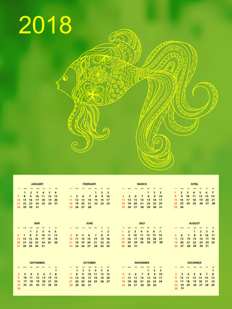Business english calendar for wall on year 2018 on the gradient background with hand drawn patterned goldfish. Week starts on Sunday. eps 10のイラスト素材