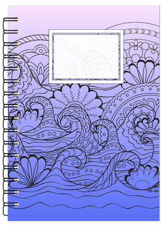 Hand drawn tangled zen pattern with mandalas and waves for decorate book, notebook, case, stationery. Mock up of the notebook. A5 template. EPS 10.のイラスト素材