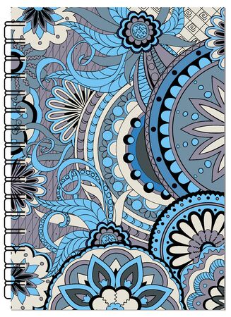 Hand drawn tangled zen pattern with mandalas and flowers for decorate book, notebook, case, stationery. Mock up of the notebook. A5 template. EPS 10.のイラスト素材