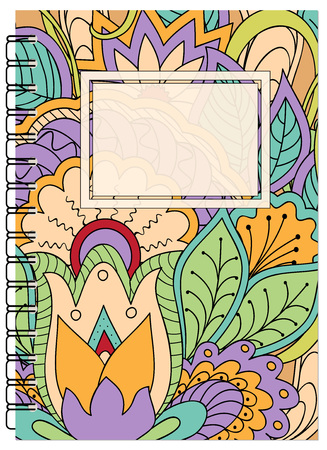 Hand drawn tangled zen pattern with mandalas and flowers for decorate book, notebook, case, stationery. Mock up of the notebook. A5 template. EPS 10.のイラスト素材