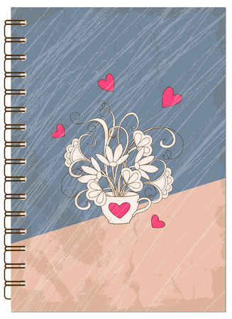 Hand drawn abstract retro design with hearts for decorate book, notebook, case, stationery. Mock up of the notebook. Cover A5 template. EPS 10.のイラスト素材