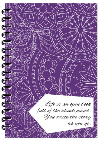 Hand drawn tangled zen pattern with mandalas and flowers for decorate book, notebook, case, stationery. Mock up of the notebook. A5 template. EPS 10.のイラスト素材