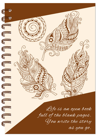 Hand drawn abstract boho pattern with feathers for decorate book, notebook, case, stationery. Mock up of the notebook. A5 template. EPS 10.のイラスト素材
