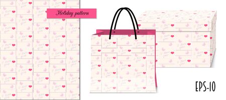 Seamless romantic pattern with doodle butterflies and hearts for valentine pack paper, packing gift, fabric clothes. Mock-up paper bag and gift box. eps 10.のイラスト素材