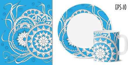 Hand drawn  pattern with mandalas in zen style for decorate kitchenware, cup, dishes, porcelain, stationery.のイラスト素材