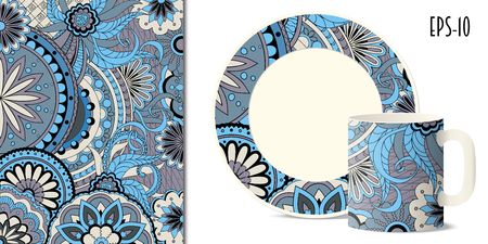 Hand drawn colorful pattern with flowers and mandala in zen style for decorate kitchenware, cup, dishes, porcelain, stationery.のイラスト素材