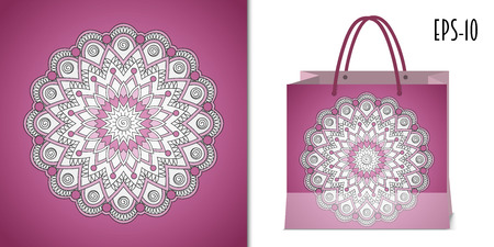 Hand drawn   zen-like mandala  for decorate dishes, t-shirt, tunic, bags, case, notebook, stationery, fabric print. Mock-up paper bag. eps 10.のイラスト素材