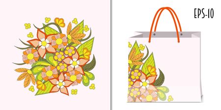 Hand drawn doodle floral composition in boho style for decorate dishes, t-shirt, tunic, bags, case, notebook, stationery, fabric print. Mock-up paper bag. eps 10.のイラスト素材