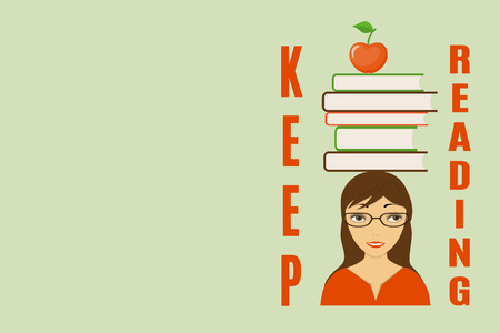 Cover design with text Keep reading, girl and books on her head for cover of tutorial, book, notebook, copybook. Cover A5 template with back. EPS 10.のイラスト素材