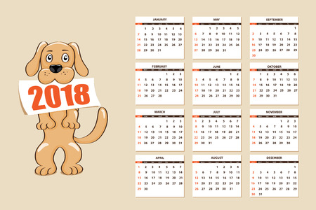Classic american calendar for wall year 2018 with cartoon toy dog. English language. Week starts on Sunday. There are all 12 month. eps 10のイラスト素材