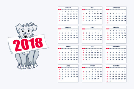 Classic american calendar for wall year 2018 with cartoon blue dog. English language. Week starts on Sunday. There are all 12 month. eps 10のイラスト素材