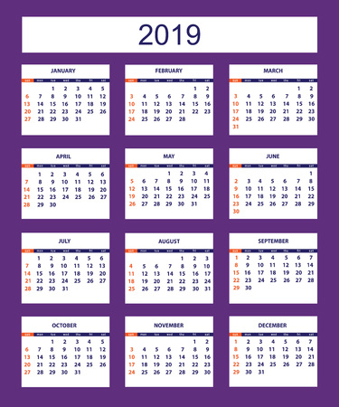 Classic american calendar for wall year 2019 on the violet background. English language. Week starts on Sunday. There are all 12 month. eps 10のイラスト素材